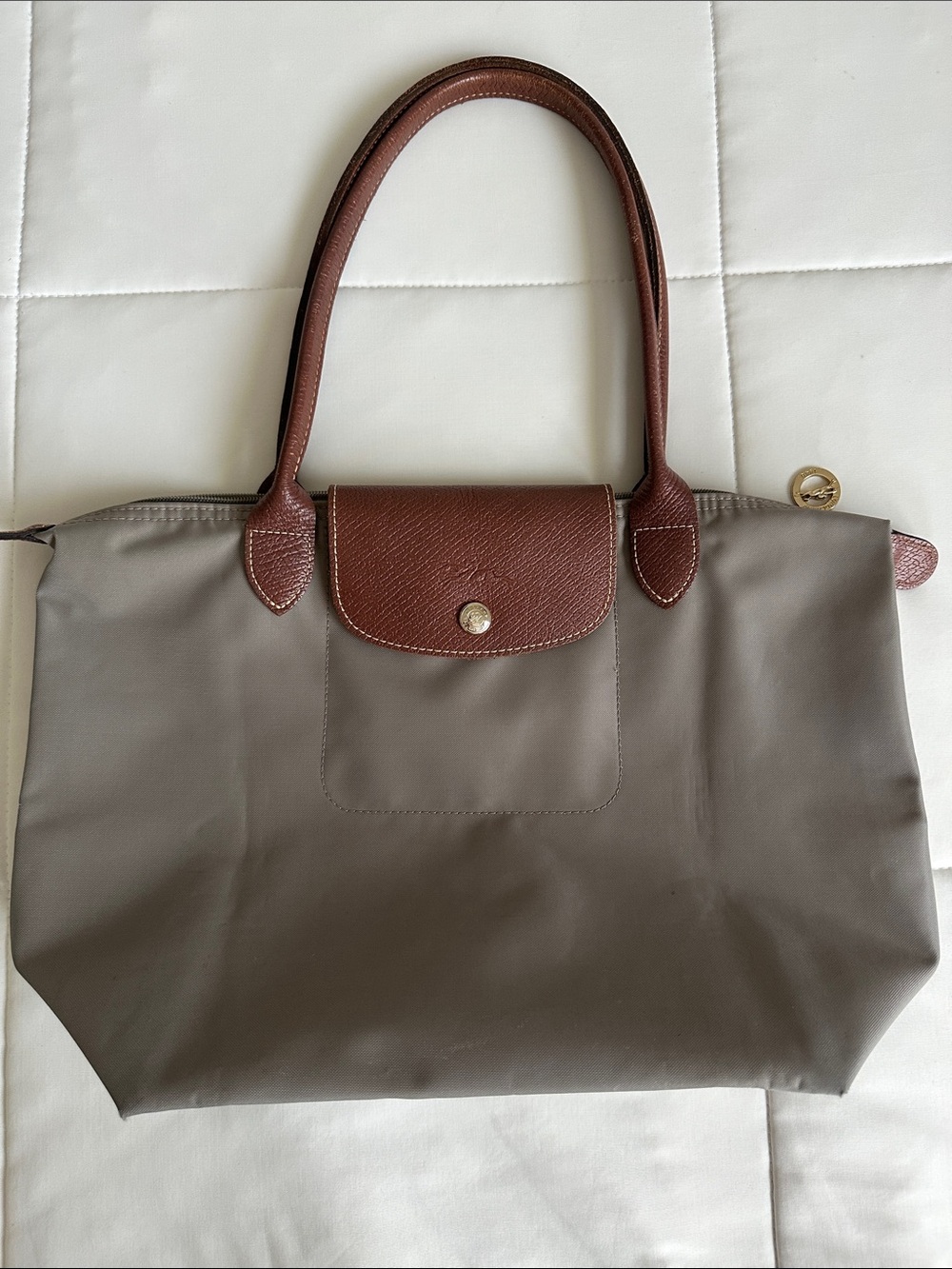 Longchamp Taupe Tote with Brown Leather Trim